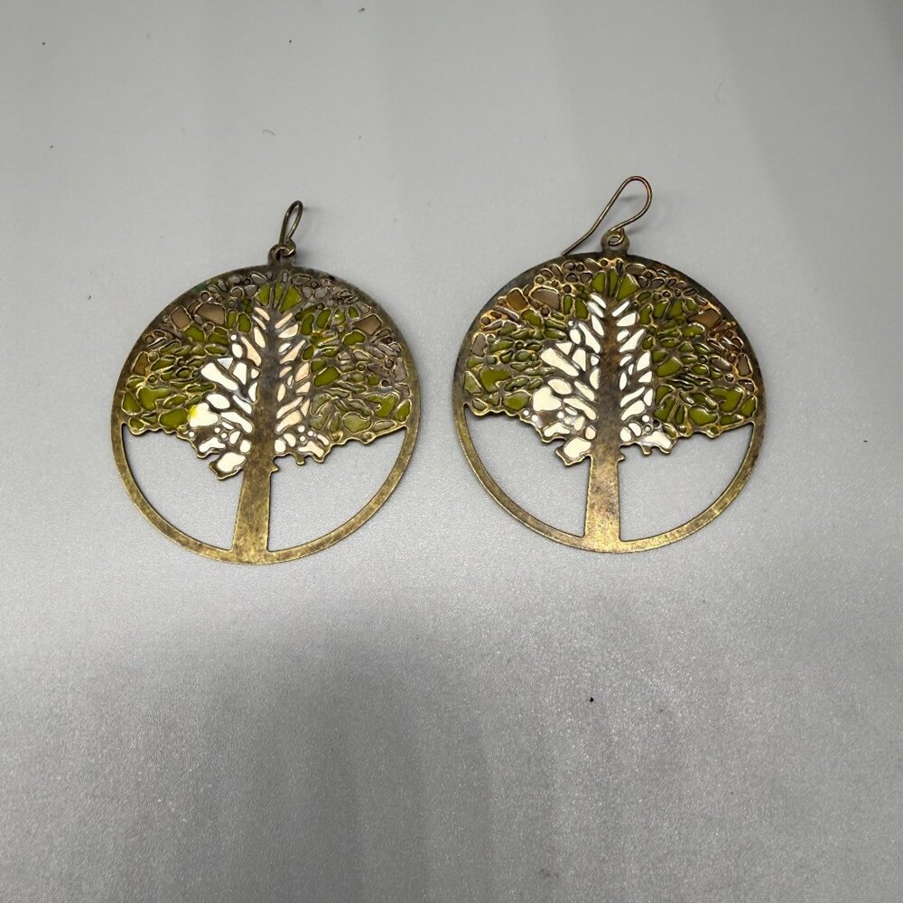 Tree Of Life Dangle Earrings With Green & White Enamel Brass Base Handmade Light